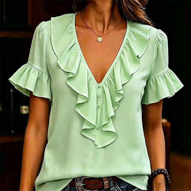 Women's Elegant Ruffle V-Neck Short Sleeve Blouse Casual Summer T-Shirt