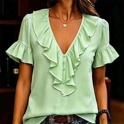 Women's Elegant Ruffle V-Neck Short Sleeve Blouse Casual Summer T-Shirt