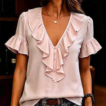 Women's Elegant Ruffle V-Neck Short Sleeve Blouse Casual Summer T-Shirt