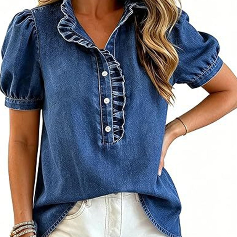 Women's Ruffle Collar Denim Top