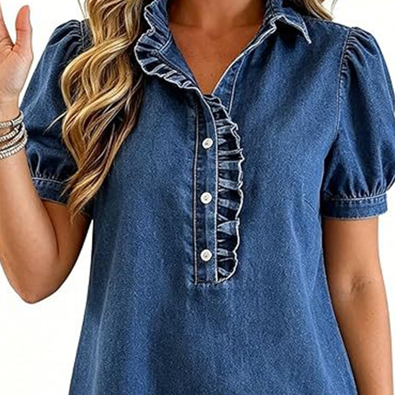 Women's Ruffle Collar Denim Top