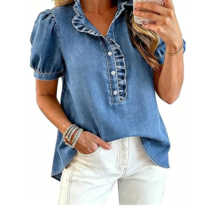 Women's Ruffle Collar Denim Top