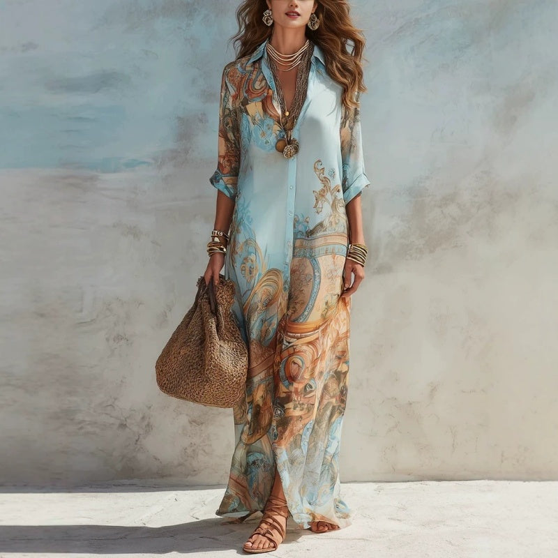 ⏳Time-Limited Special⏰Elegant Retro Print Maxi Dress – V-Neck Button-Down, Flowy Silhouette, Boho Chic 🌸
