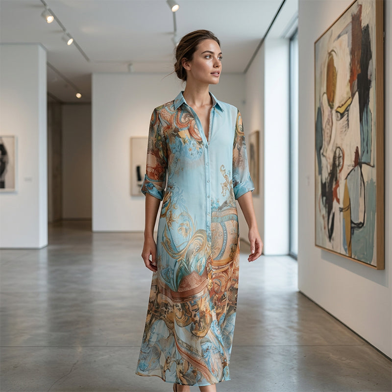 ⏳Time-Limited Special⏰Elegant Retro Print Maxi Dress – V-Neck Button-Down, Flowy Silhouette, Boho Chic 🌸