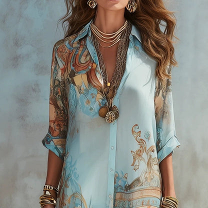 ⏳Time-Limited Special⏰Elegant Retro Print Maxi Dress – V-Neck Button-Down, Flowy Silhouette, Boho Chic 🌸