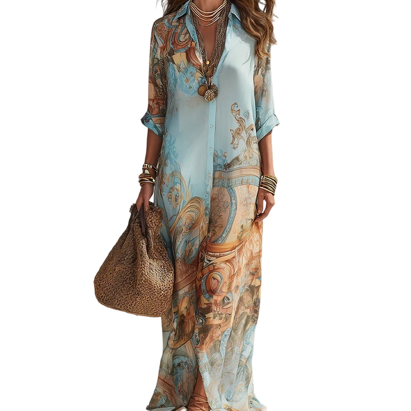 ⏳Time-Limited Special⏰Elegant Retro Print Maxi Dress – V-Neck Button-Down, Flowy Silhouette, Boho Chic 🌸