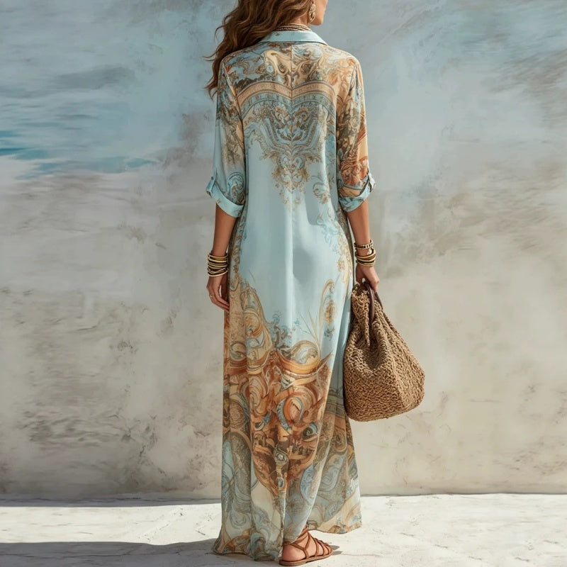 ⏳Time-Limited Special⏰Elegant Retro Print Maxi Dress – V-Neck Button-Down, Flowy Silhouette, Boho Chic 🌸