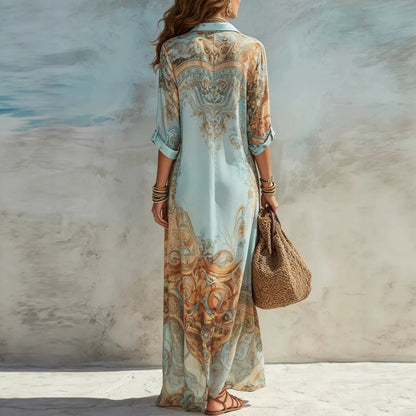 ⏳Time-Limited Special⏰Elegant Retro Print Maxi Dress – V-Neck Button-Down, Flowy Silhouette, Boho Chic 🌸