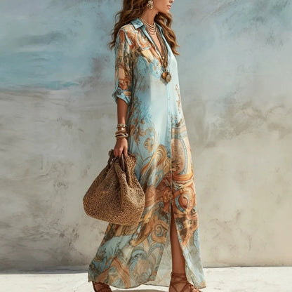 ⏳Time-Limited Special⏰Elegant Retro Print Maxi Dress – V-Neck Button-Down, Flowy Silhouette, Boho Chic 🌸