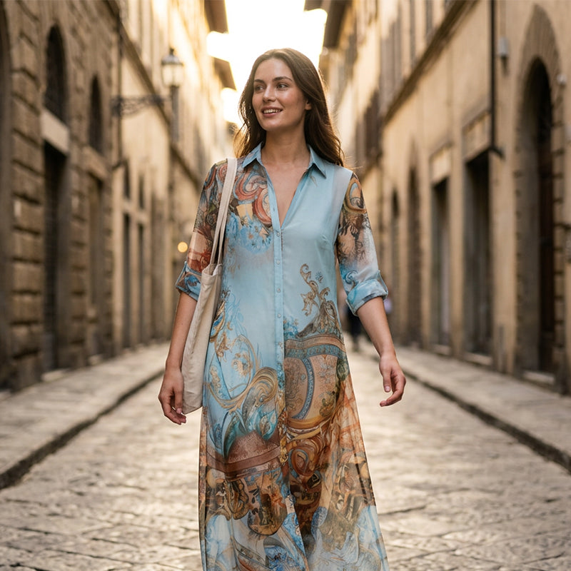 ⏳Time-Limited Special⏰Elegant Retro Print Maxi Dress – V-Neck Button-Down, Flowy Silhouette, Boho Chic 🌸