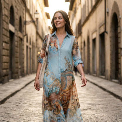⏳Time-Limited Special⏰Elegant Retro Print Maxi Dress – V-Neck Button-Down, Flowy Silhouette, Boho Chic 🌸