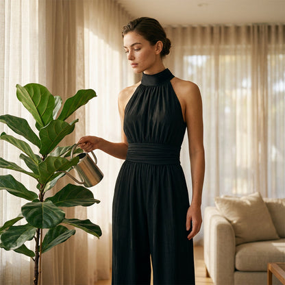 Women's Sleeveless Mock Neck Wide-Leg Jumpsuit