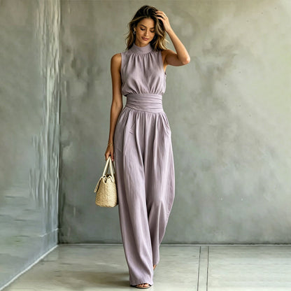 Women's Sleeveless Mock Neck Wide-Leg Jumpsuit