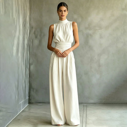 Women's Sleeveless Mock Neck Wide-Leg Jumpsuit
