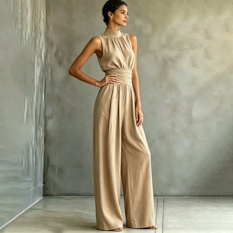 Women's Sleeveless Mock Neck Wide-Leg Jumpsuit
