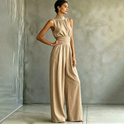 Women's Sleeveless Mock Neck Wide-Leg Jumpsuit