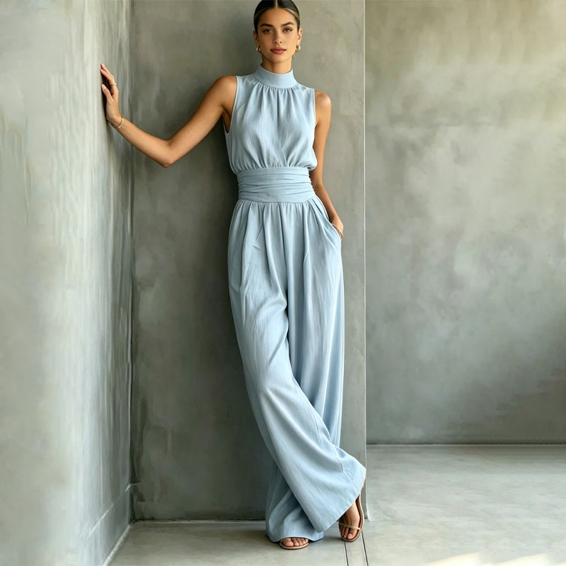 Women's Sleeveless Mock Neck Wide-Leg Jumpsuit