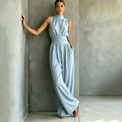 Women's Sleeveless Mock Neck Wide-Leg Jumpsuit