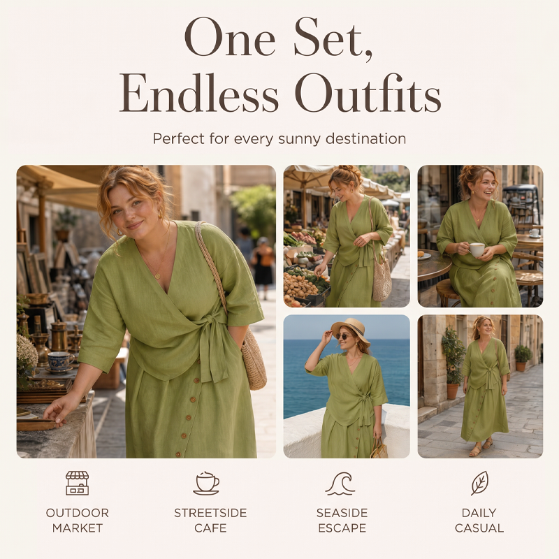 Women's Casual Wrap Top & Side Button Skirt Set