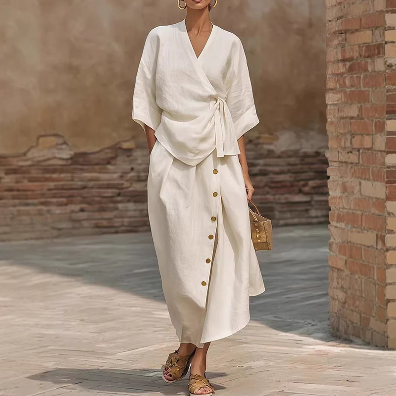 Women's Casual Wrap Top & Side Button Skirt Set