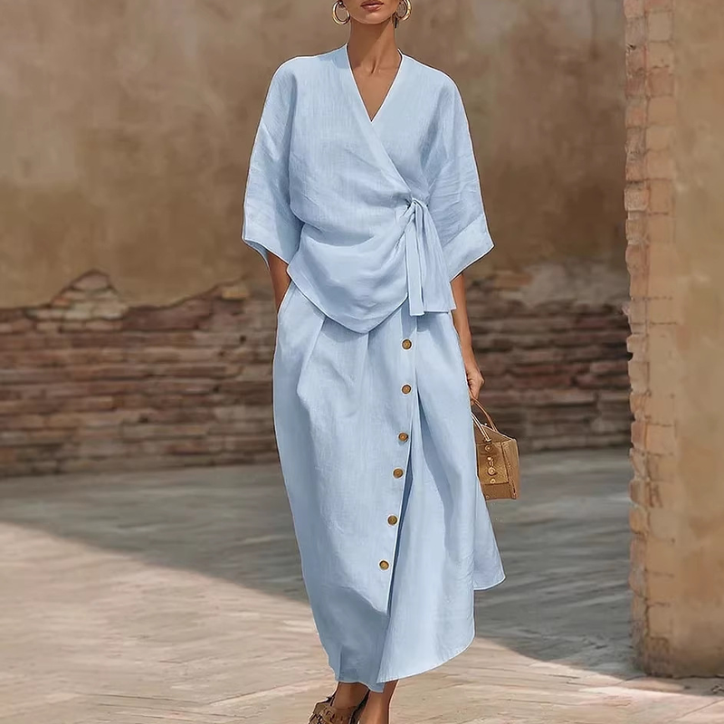 Women's Casual Wrap Top & Side Button Skirt Set