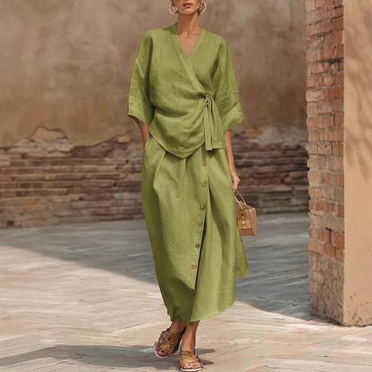 Women's Casual Wrap Top & Side Button Skirt Set