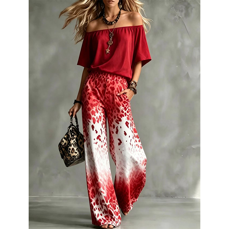 ⌛Limited-Time Offer-Women's Off-Shoulder Gradient Leopard 2-Piece Outfit