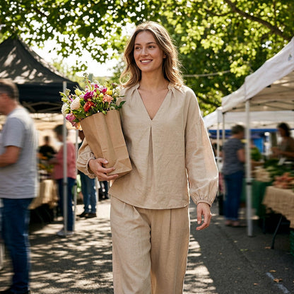 Women's Casual V-Neck Top & Pants Set