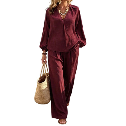 Women's Casual V-Neck Top & Pants Set