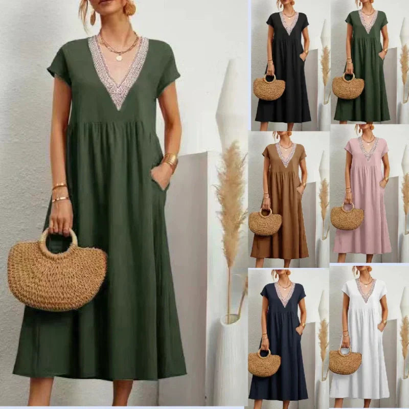 Women’s Elegant V-Neck Short Sleeve Loose Fit Dress