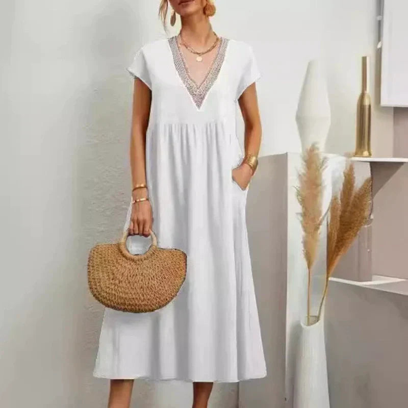 Women’s Elegant V-Neck Short Sleeve Loose Fit Dress