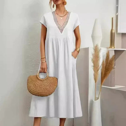 Women’s Elegant V-Neck Short Sleeve Loose Fit Dress