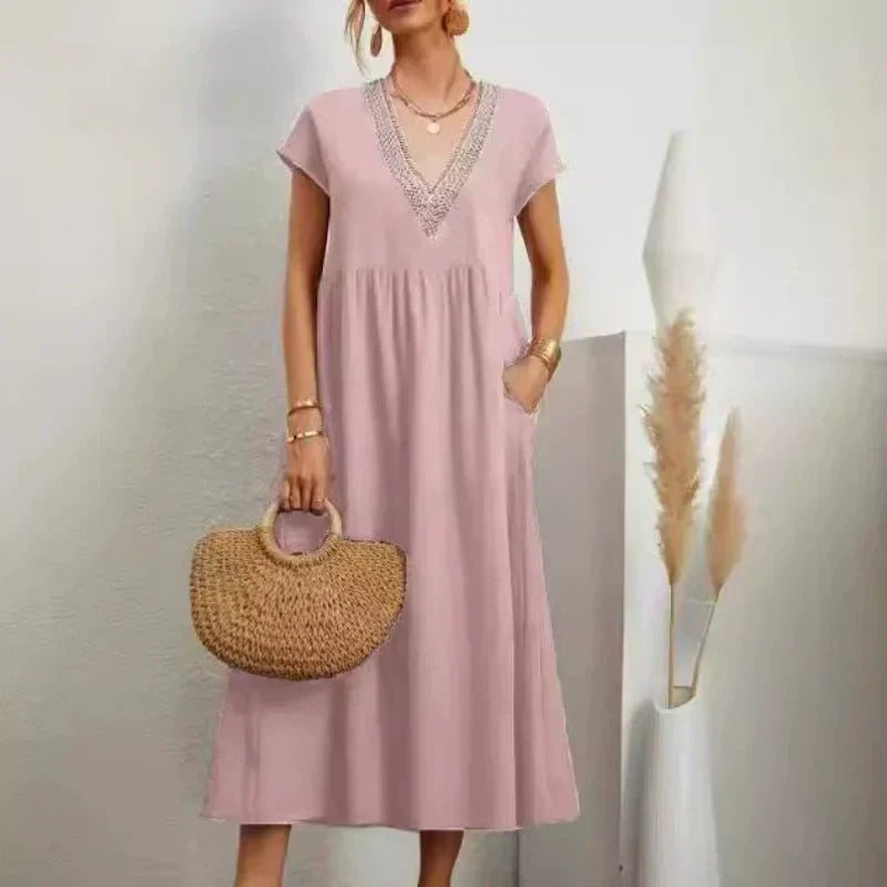 Women’s Elegant V-Neck Short Sleeve Loose Fit Dress
