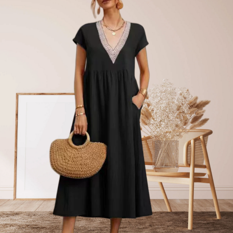 Women’s Elegant V-Neck Short Sleeve Loose Fit Dress