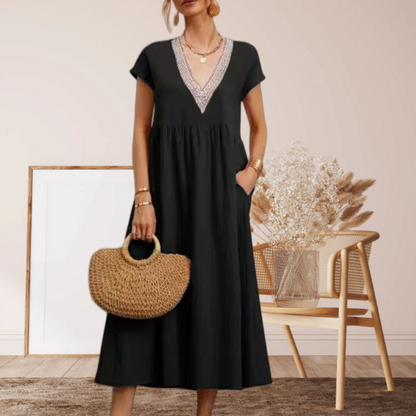 Women’s Elegant V-Neck Short Sleeve Loose Fit Dress