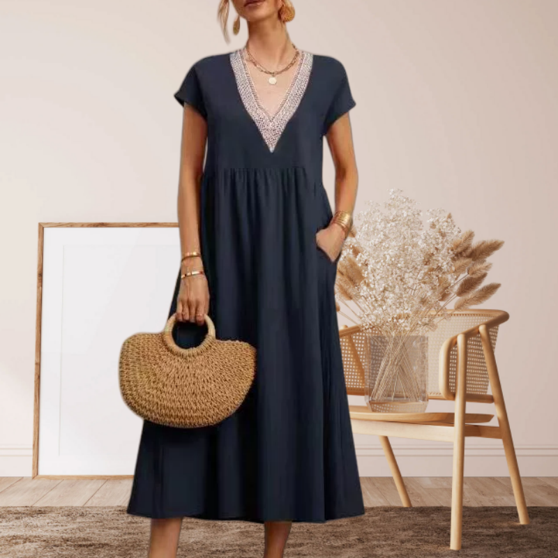 Women’s Elegant V-Neck Short Sleeve Loose Fit Dress