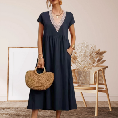 Women’s Elegant V-Neck Short Sleeve Loose Fit Dress