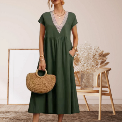 Women’s Elegant V-Neck Short Sleeve Loose Fit Dress