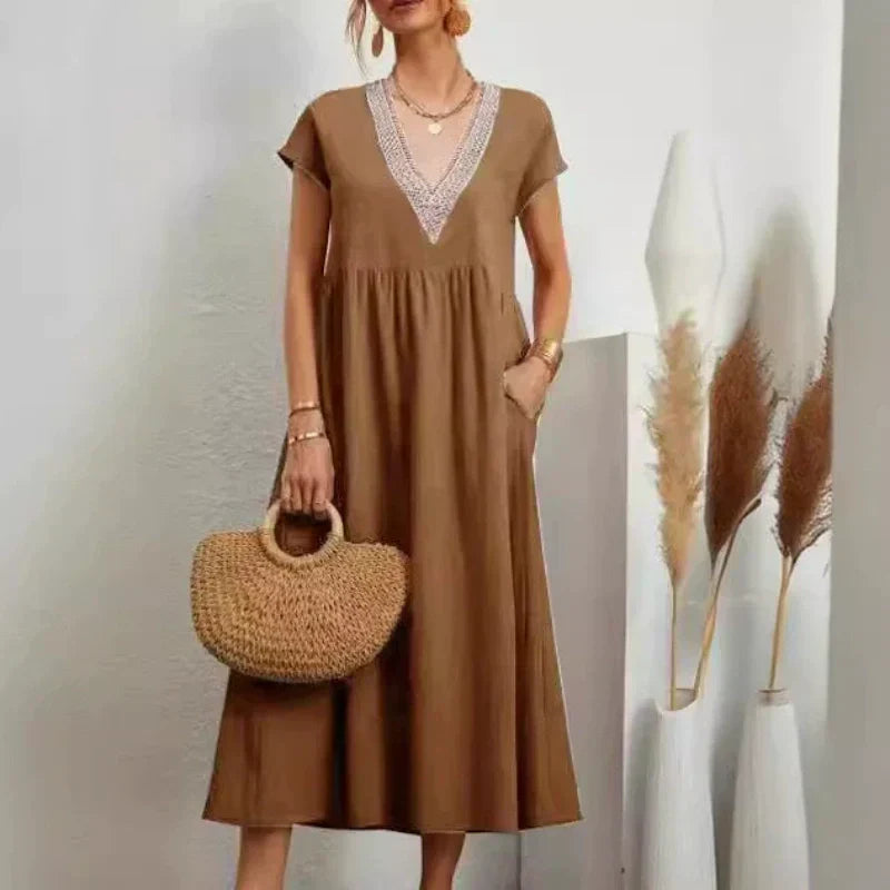 Women’s Elegant V-Neck Short Sleeve Loose Fit Dress