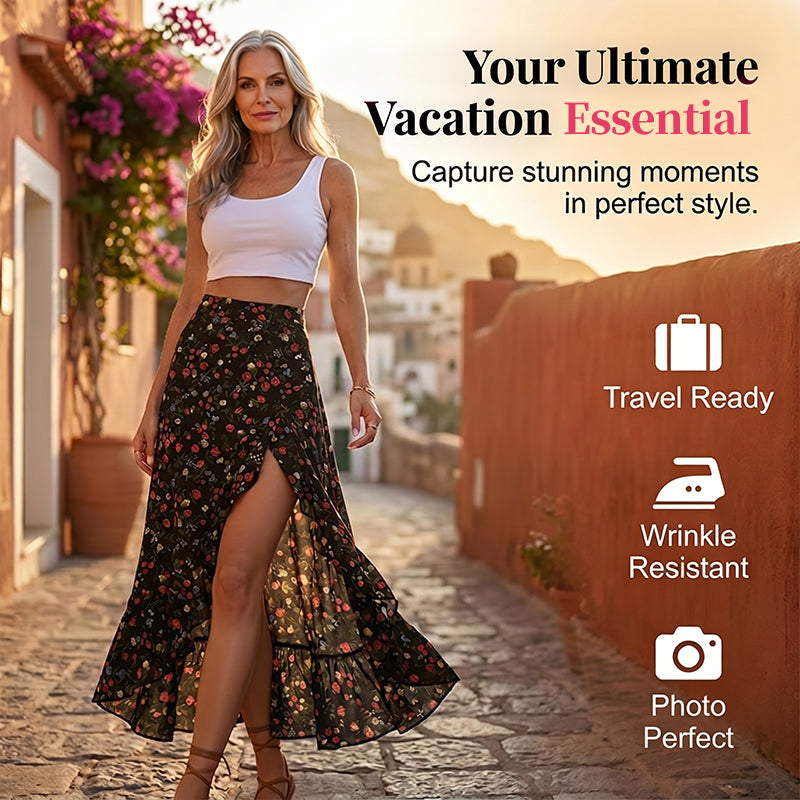 Women Floral High Waist Ruffle Split Midi Skirt for Summer Holiday