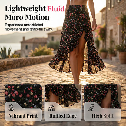 Women Floral High Waist Ruffle Split Midi Skirt for Summer Holiday
