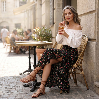 Women Floral High Waist Ruffle Split Midi Skirt for Summer Holiday