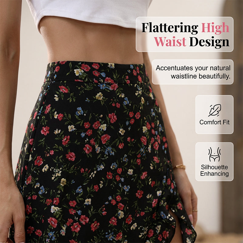 Women Floral High Waist Ruffle Split Midi Skirt for Summer Holiday