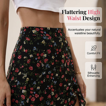 Women Floral High Waist Ruffle Split Midi Skirt for Summer Holiday