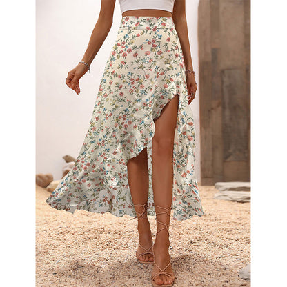 Women Floral High Waist Ruffle Split Midi Skirt for Summer Holiday