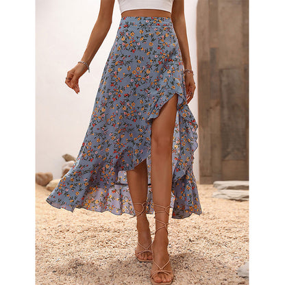 Women Floral High Waist Ruffle Split Midi Skirt for Summer Holiday