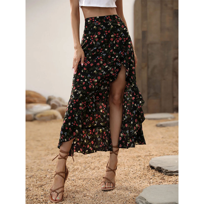 Women Floral High Waist Ruffle Split Midi Skirt for Summer Holiday
