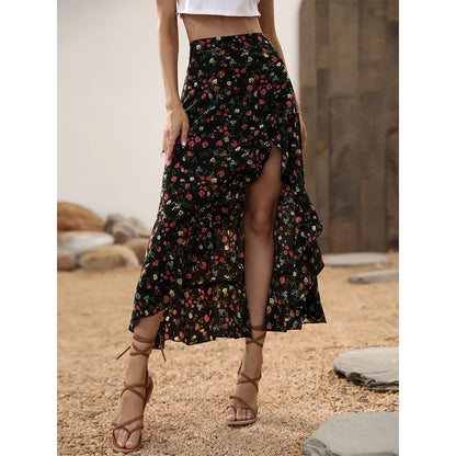 Women Floral High Waist Ruffle Split Midi Skirt for Summer Holiday
