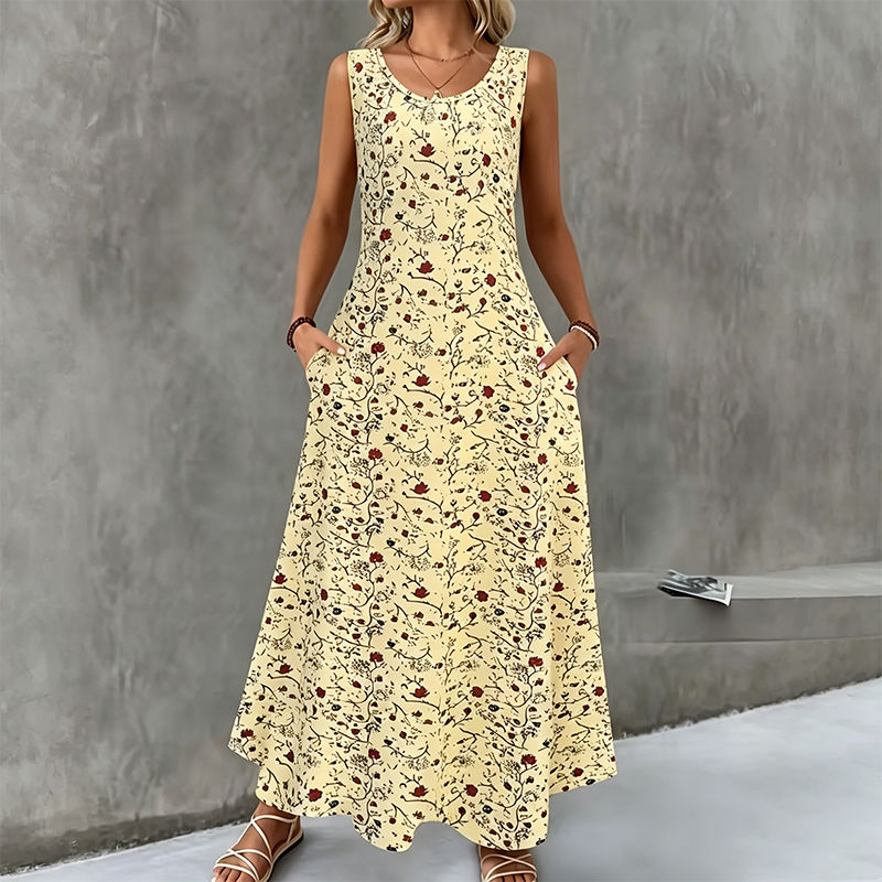 ⏰🍂Autumn Early Bird Sale-Women's Floral Print Sleeveless Maxi Dress with Pockets