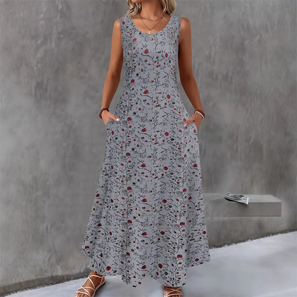 ⏰🍂Autumn Early Bird Sale-Women's Floral Print Sleeveless Maxi Dress with Pockets